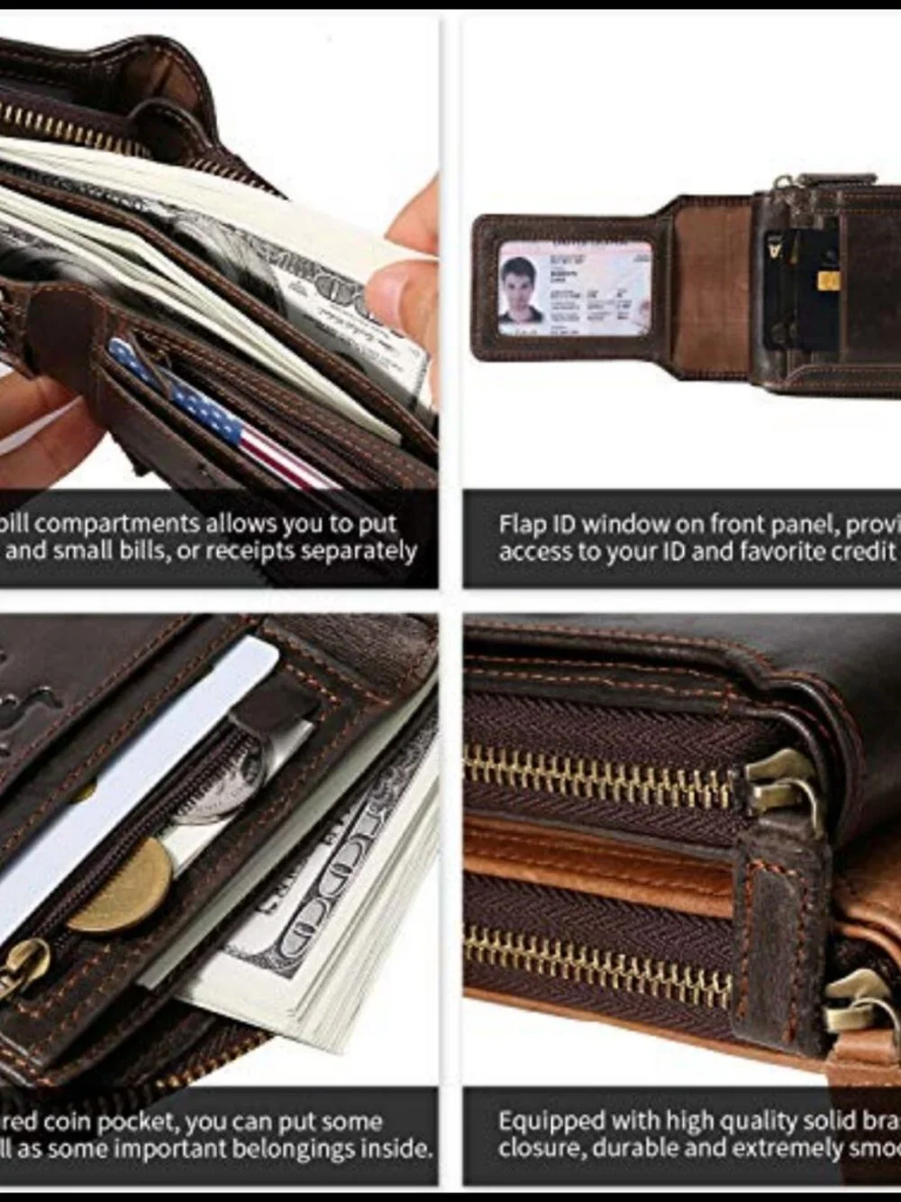 Full Grain Leather RFID Blocking Bifold Wallet for Men with Zipper and ID Window
